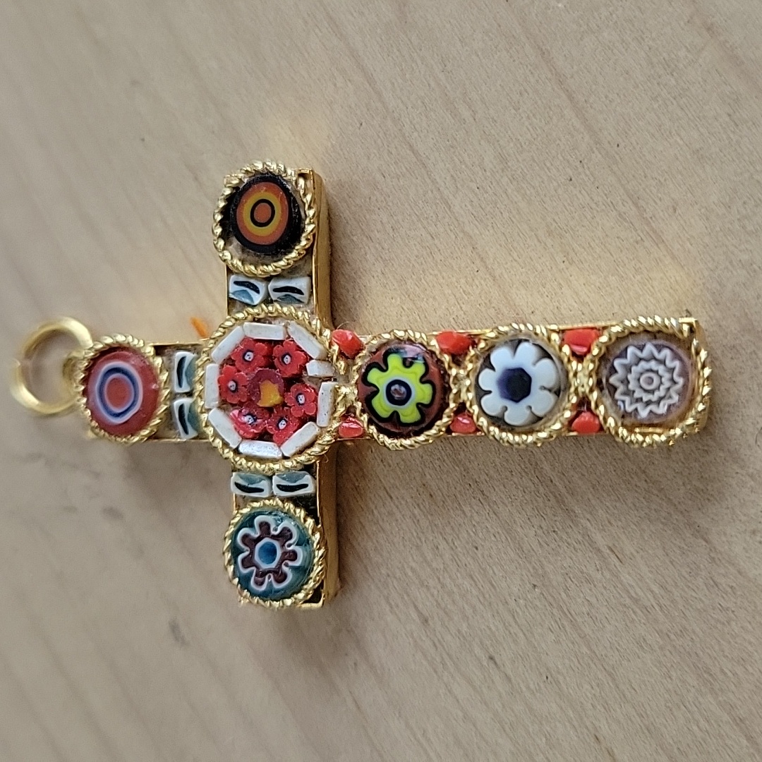 Italian Florentine Micromosaic Cross Pendant With Murano Glass Tiles